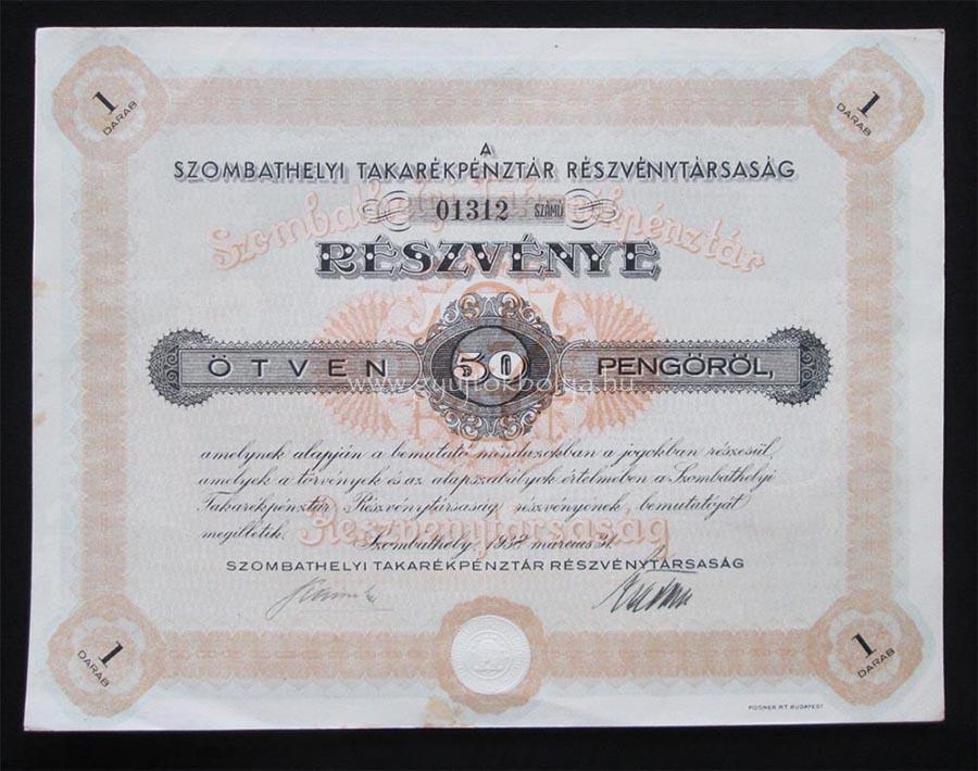 Szombathelyi Takarkpnztr rszvny 50 peng 1938